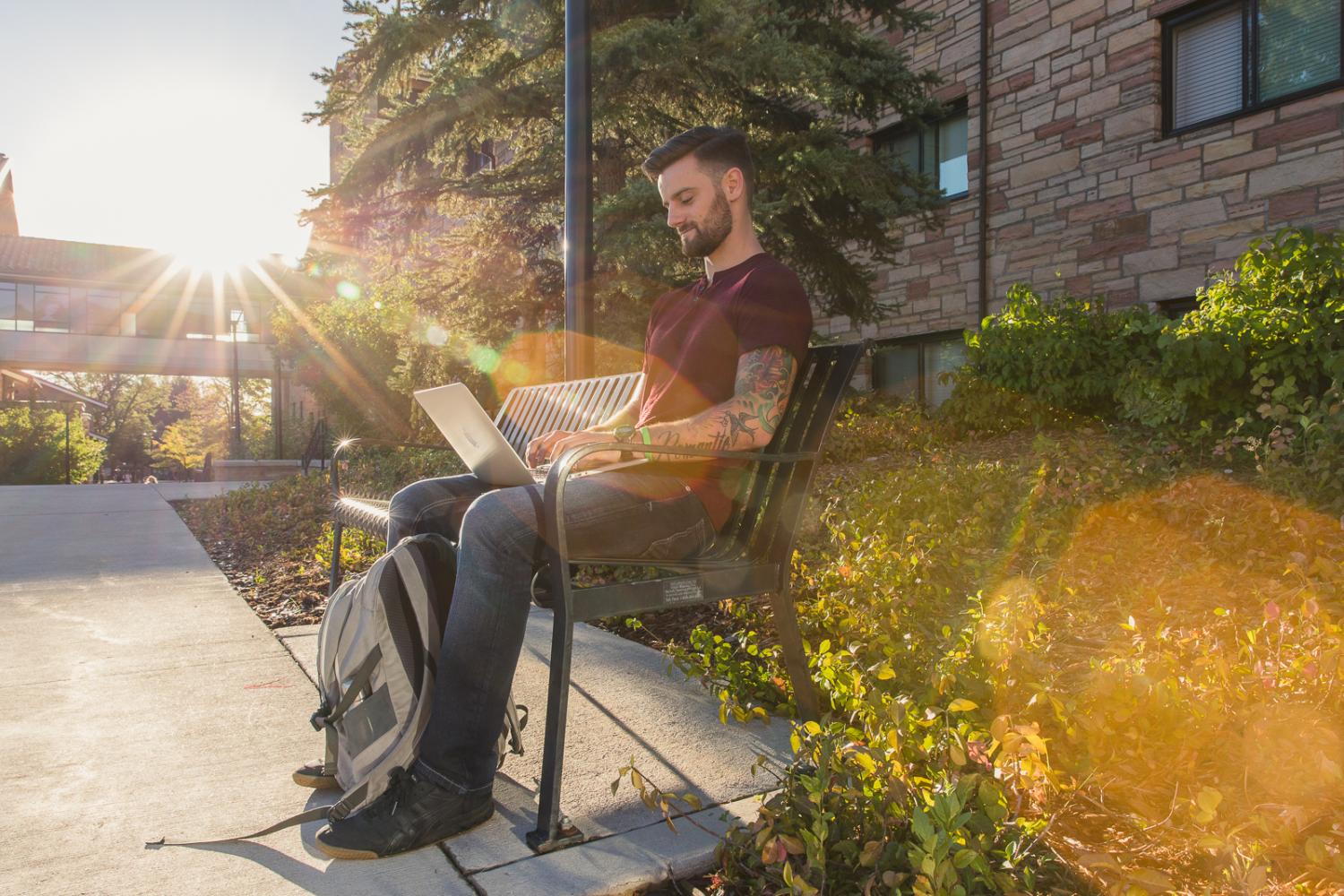A student types on his laptop while sitting on a bench on campus in the evening light
